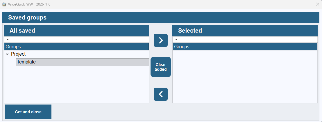 Saved groups dialog with All saved on the left and Selected on the right