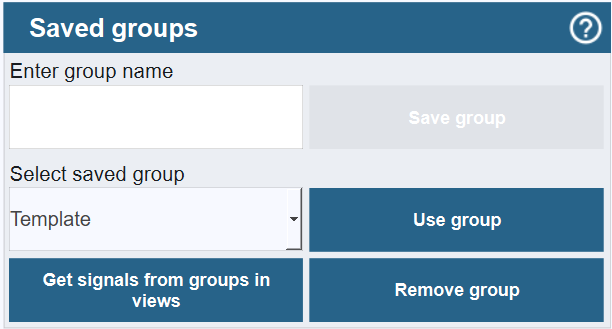 Saved groups panel showing the group name field, dropdown, and import button