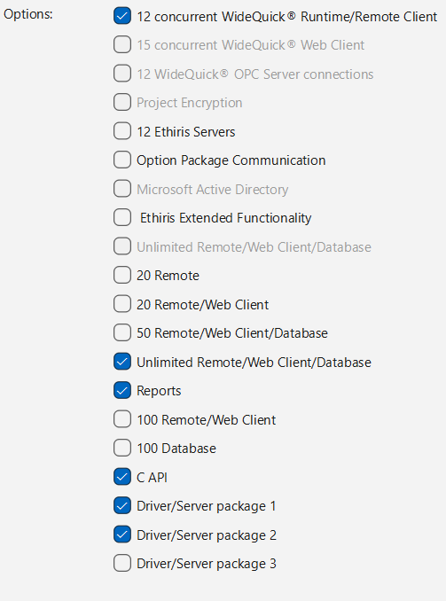 Screenshot of options section in WideQuick License Config tool for additional functionalities