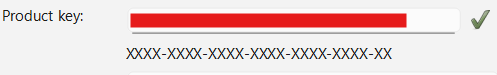 Screenshot showing validation icons for product key: red cross for invalid, green checkmark for valid