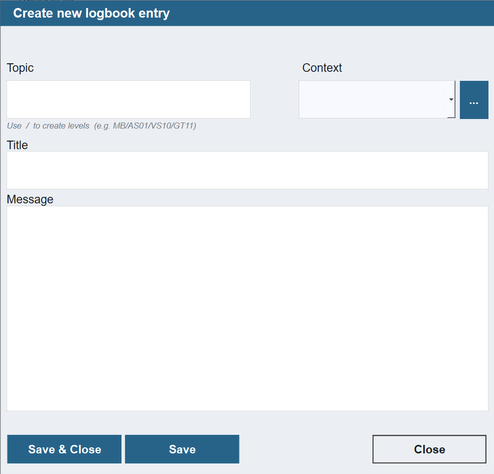 Create entry popup with fields labeled