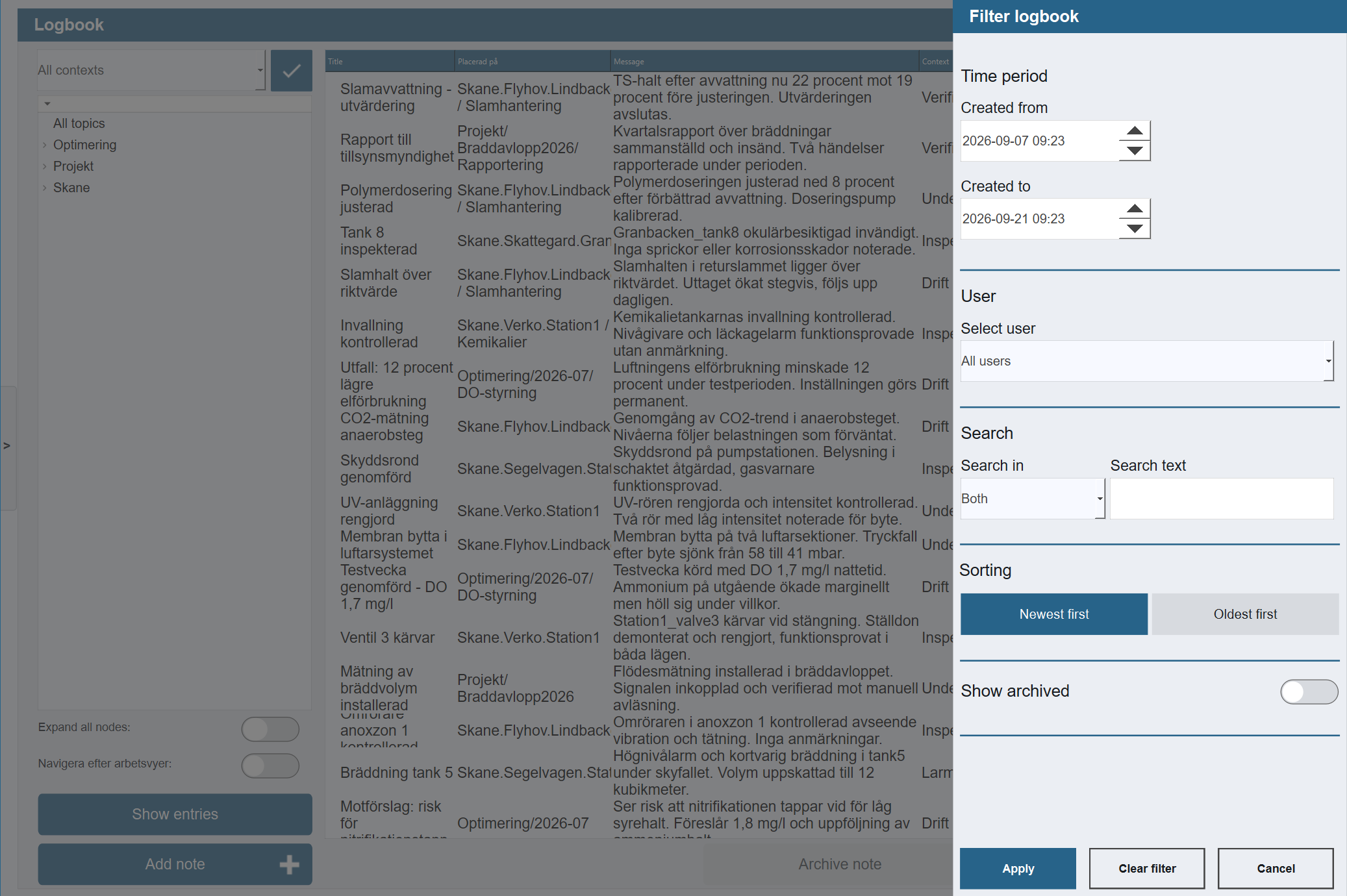 Filter panel